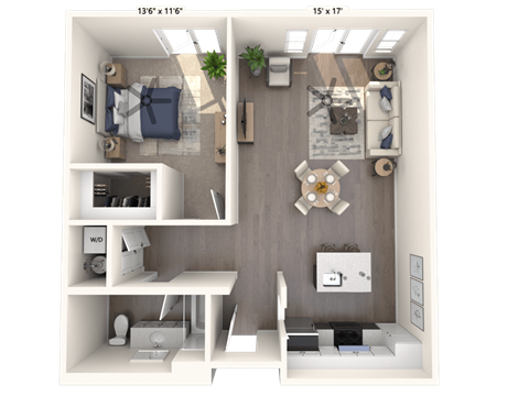 Floor plan for 1 bed, 1 bath, 727 sqft